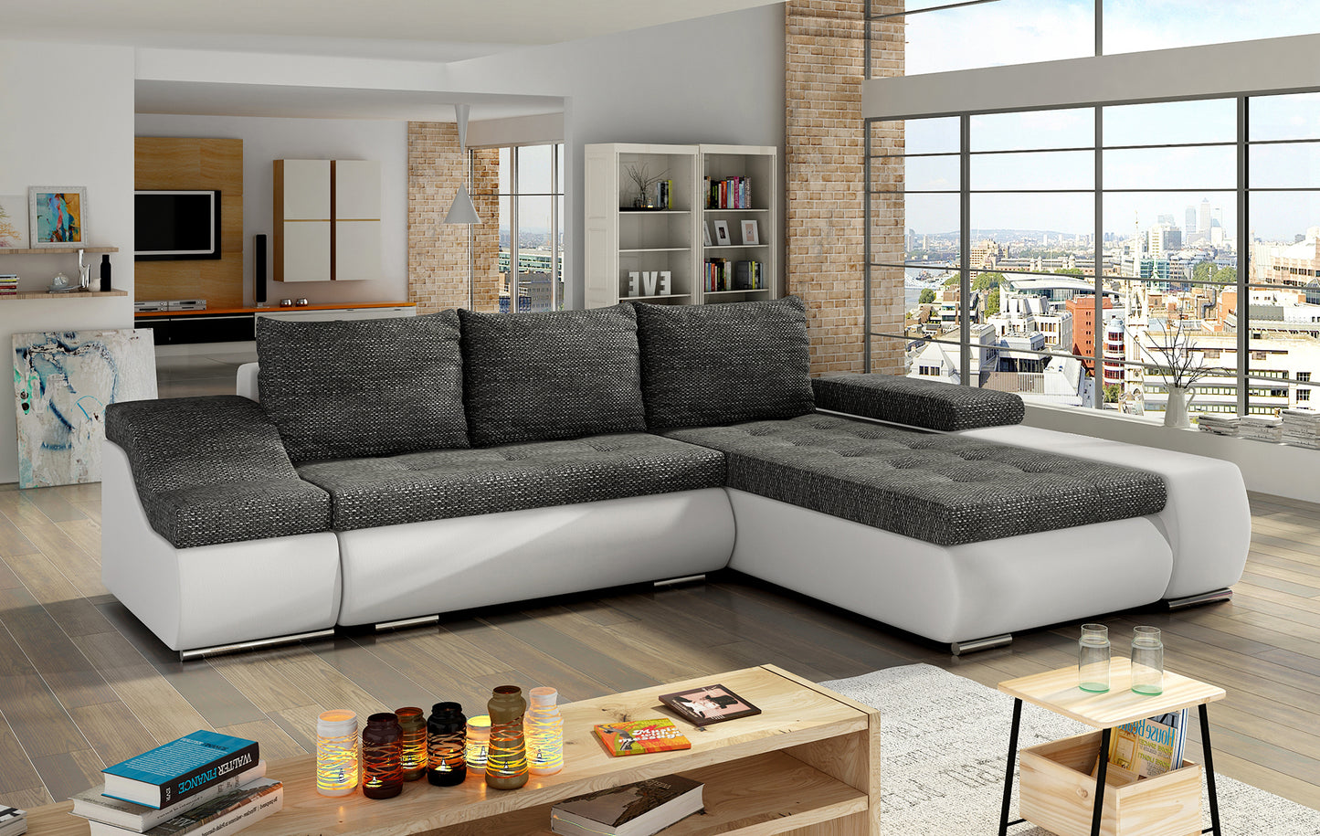 Czarno-biała sofa narożna Ontario wykonana z materiałów Berlin 02 i Soft 17 przyciąga uwagę wyrazistym designem, zapewniając jednocześnie komfortowy wypoczynek i funkcjonalną przestrzeń dla domowników