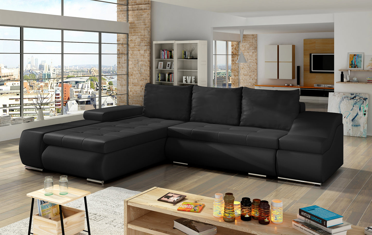 Sofa narożna Ontario w czarnym odcieniu wykonana z materiału Soft 11 doskonale pasuje do wnętrz w stylu loftowym i minimalistycznym, zapewniając komfort użytkowania i wyrazisty akcent w aranżacji salonu