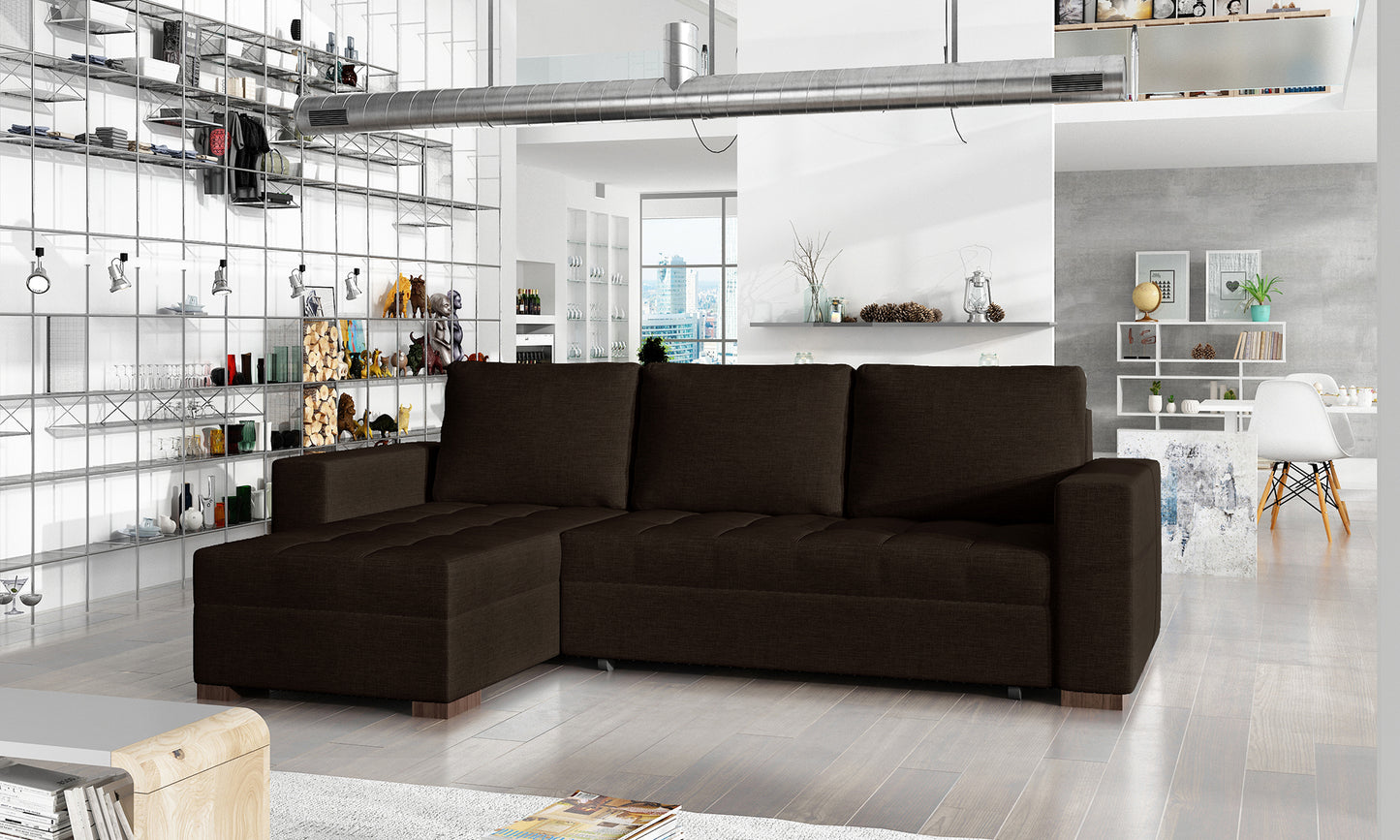 Elegancki narożnik Newark w kolorze brązowym z praktycznym układem wypoczynkowym doskonale sprawdzi się w przestronnym salonie. Komfortowy narożnik rodzinny do codziennego relaksu i przyjmowania gości.