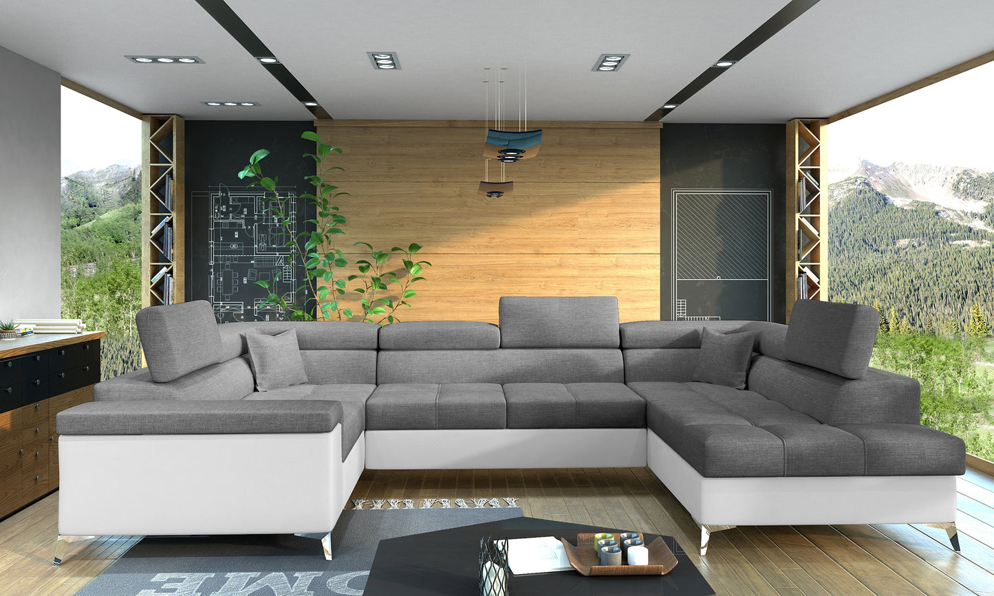 Designerski narożnik Thiago prawy wykonany z tkanin Sawana 05 i Soft 17 prezentuje minimalistyczną bryłę, regulowane zagłówki oraz komfortowe siedziska. Funkcjonalny narożnik do rodzinnego salonu zapewnia wysoki komfort wypoczynku każdego dnia.