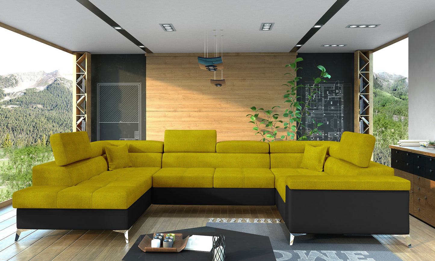 Designerski narożnik Thiago lewy wykonany z tkanin Omega 68 i Soft 11 prezentuje minimalistyczną bryłę, regulowane zagłówki oraz komfortowe siedziska. Funkcjonalny narożnik do rodzinnego salonu zapewnia wysoki komfort wypoczynku każdego dnia.