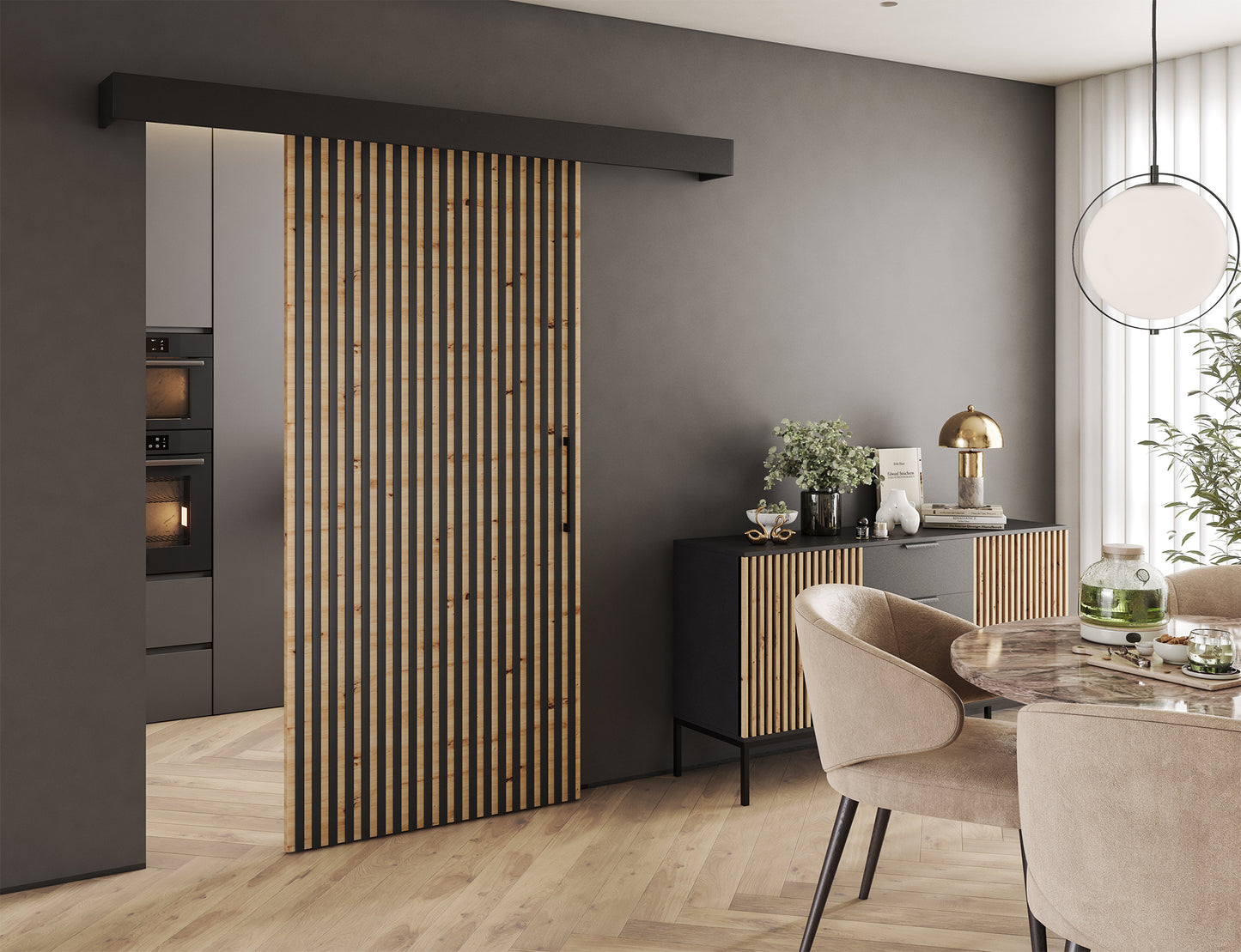 Drzwi przesuwne Tauricio czarny/dąb artisan w eleganckim salonie – stylowe połączenie funkcji i designu.