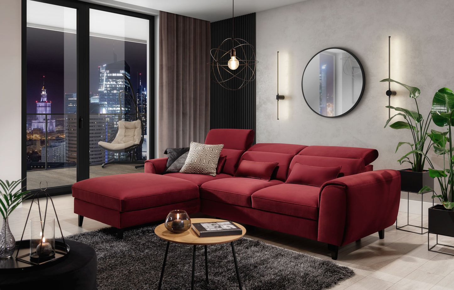 Nowoczesny salon z dywanem Blodwen Black 160x220 cm i bordową sofą narożną w eleganckiej aranżacji.