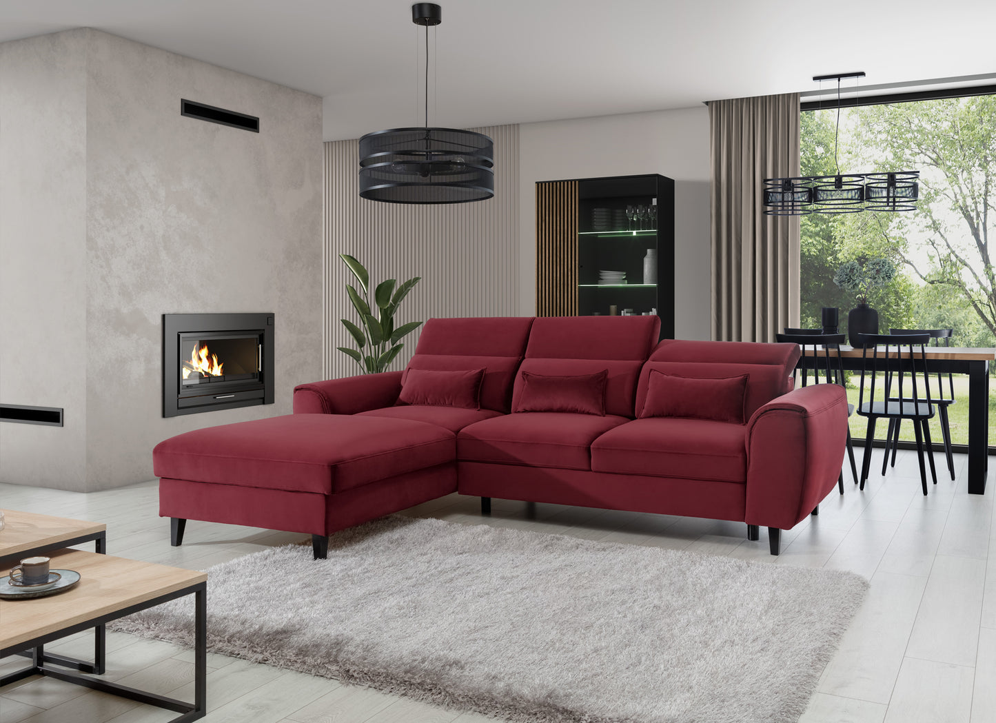 Dywan shaggy Blodwen Grey 120×180 cm – aranżacja salonu z czerwonym narożnikiem