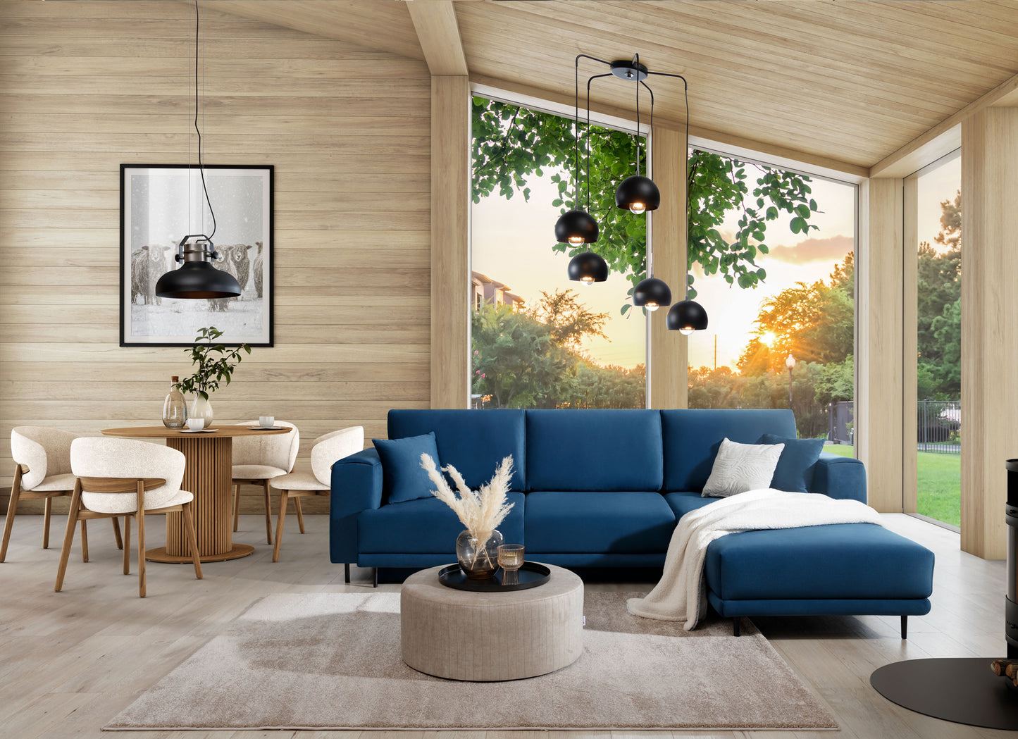 Dywan Verlice Beige 160x230 cm w przestronnym salonie z dużymi oknami i widokiem na ogród – subtelna dekoracja w ciepłej tonacji.