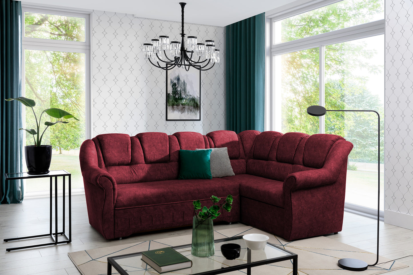 Narożnik Lord II Dora 63 w głębokim bordowym kolorze prezentujący miękkie siedziska oraz komfortowe oparcia. Designerski narożnik wypoczynkowy do salonu idealny do wnętrz modern classic, glamour i eleganckich aranżacji.