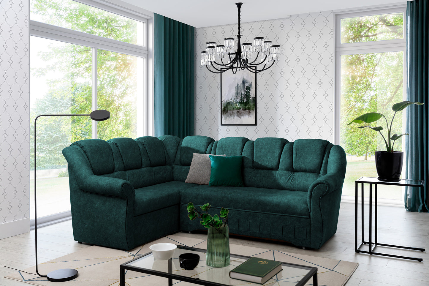 Narożnik Lord II Dora 85 w kolorze butelkowej zieleni prezentujący miękkie siedziska oraz komfortowe oparcia. Designerski narożnik wypoczynkowy do salonu idealny do wnętrz modern classic, loftowych i eleganckich aranżacji.