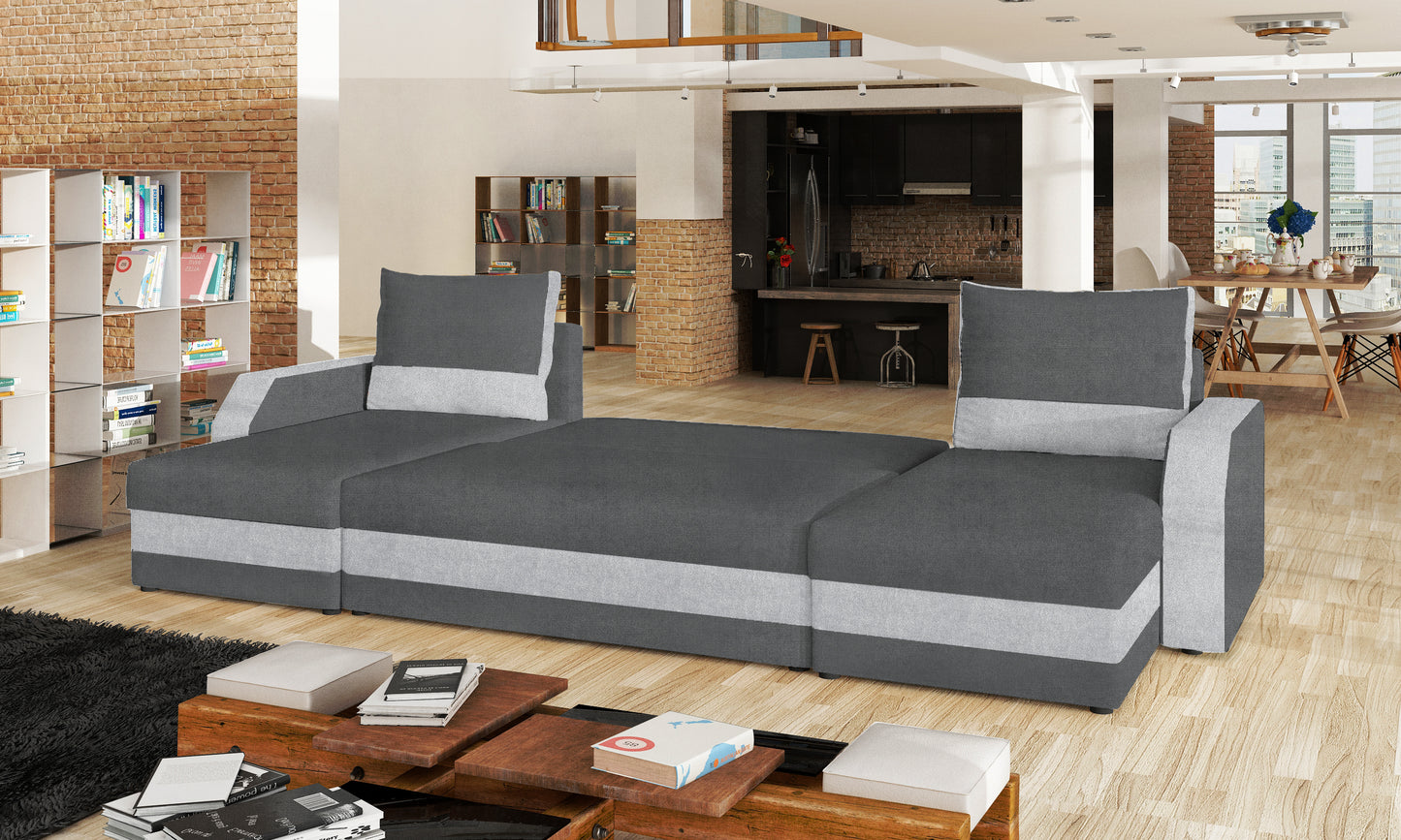 Narożnik Marion w salonie – widok perspektywiczny z boku, tkaniny Paros 6/Paros 5