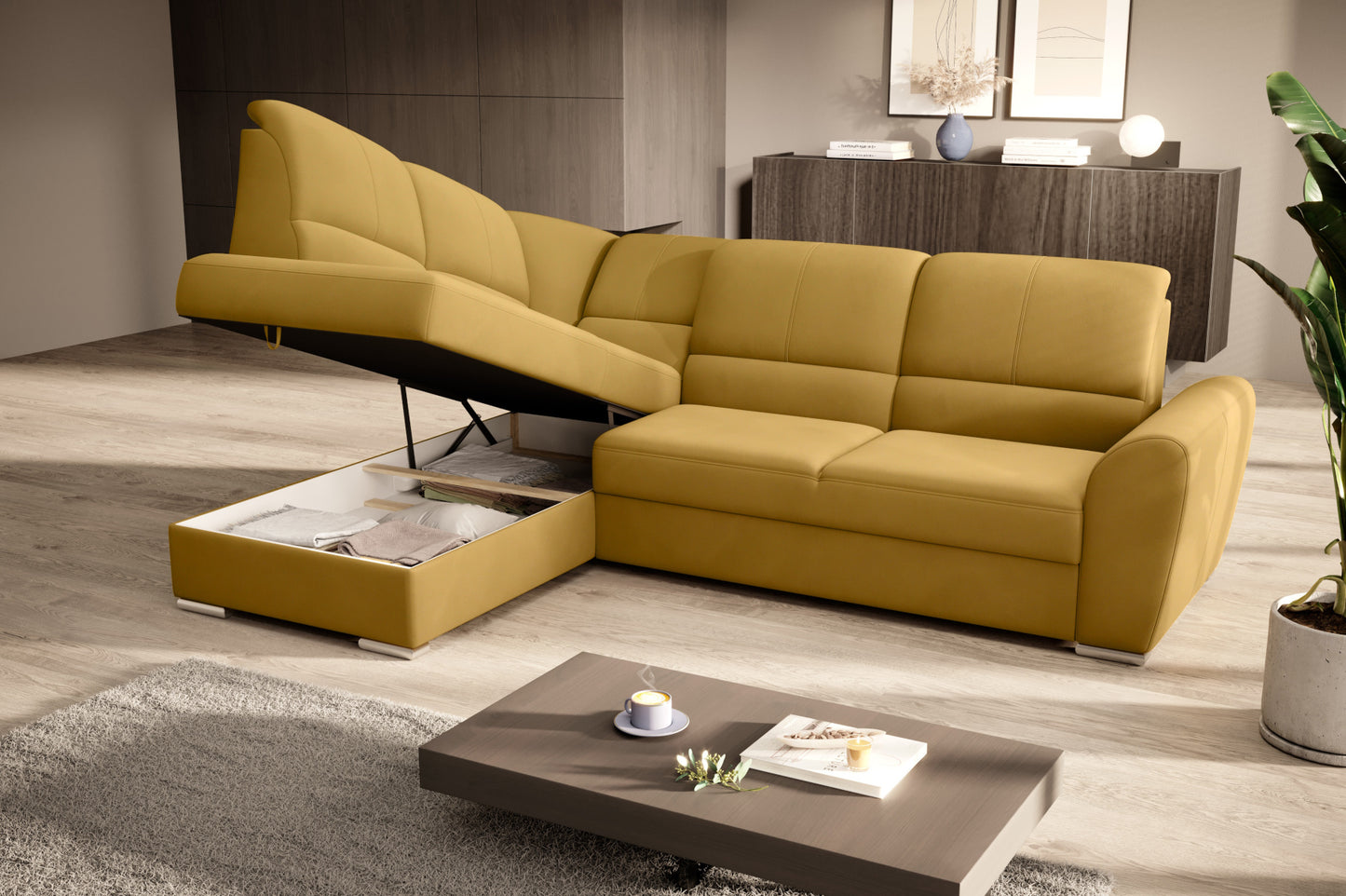 Duży narożnik Siber lewy w tkaninie Loco 45 w kolorze żółtym to komfortowa sofa wypoczynkowa, która łączy funkcjonalność z wyrazistym, nowoczesnym wyglądem wnętrza.