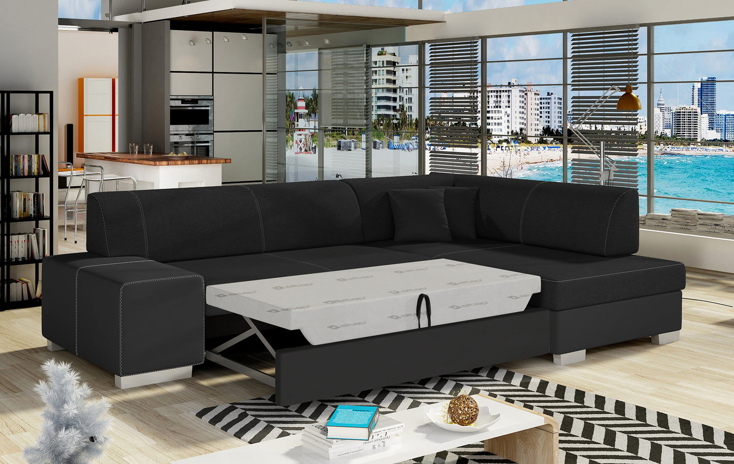 Perspektywiczny widok narożnika Fabio – czarny, układ prawy, zbliżenie na siedzisko.