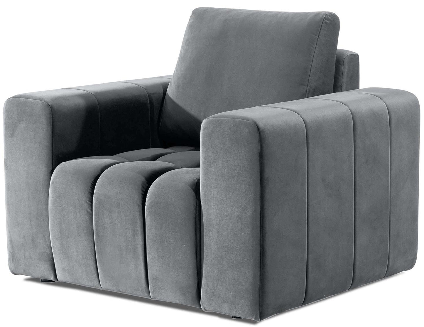 Fotel Lazaro w tkaninie Monolith 84 w eleganckim odcieniu szarości, prezentowany na białym tle. Nowoczesny model z szerokimi podłokietnikami i głębokim, pionowym pikowaniem.