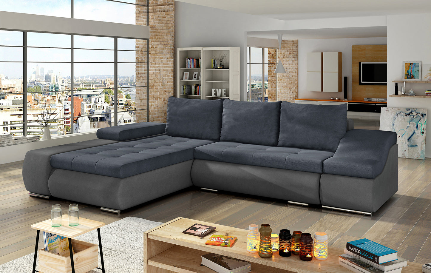 Granatowo-szara sofa narożna Ontario wykonana z materiałów Soro 76 i Soro 93 to stylowy wybór do salonu, który łączy funkcjonalność z modnym designem oraz wygodą użytkowania na co dzień