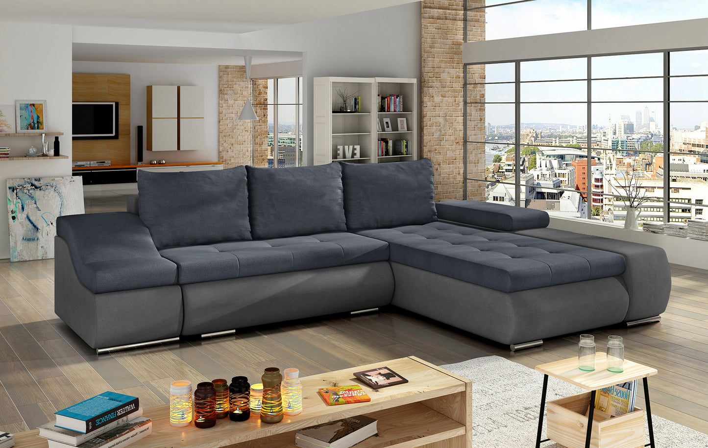Granatowo-szara sofa narożna Ontario wykonana z materiałów Soro 76 i Soro 93 to funkcjonalny mebel do salonu, który łączy komfort użytkowania z modnym designem i eleganckim wykończeniem