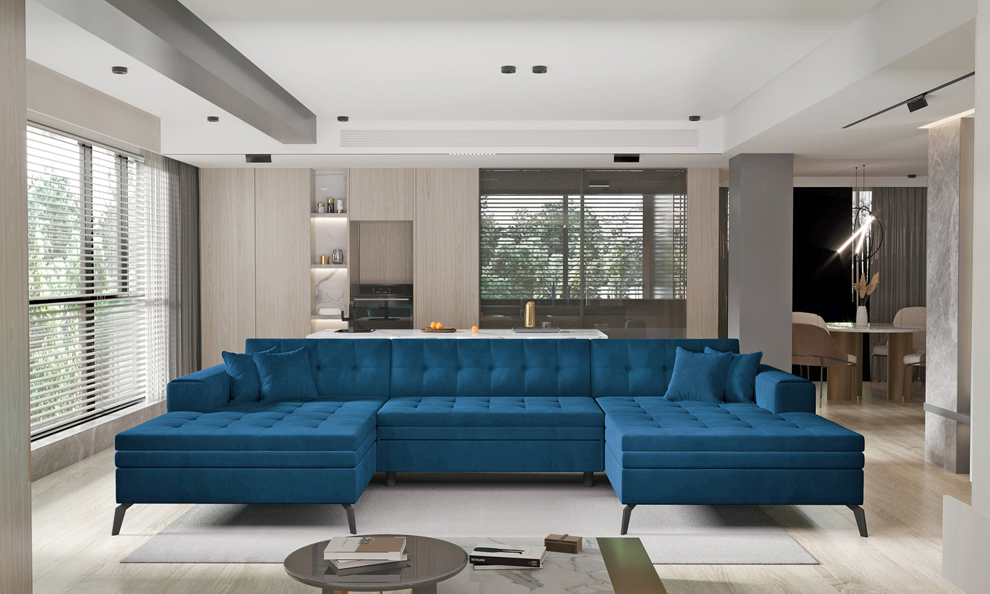 Granatowa sofa narożna Vertizo wykonana z materiału Nube 40 to idealny wybór dla osób poszukujących komfortowego mebla do salonu, który łączy funkcjonalność z modnym kolorem i ponadczasowym designem