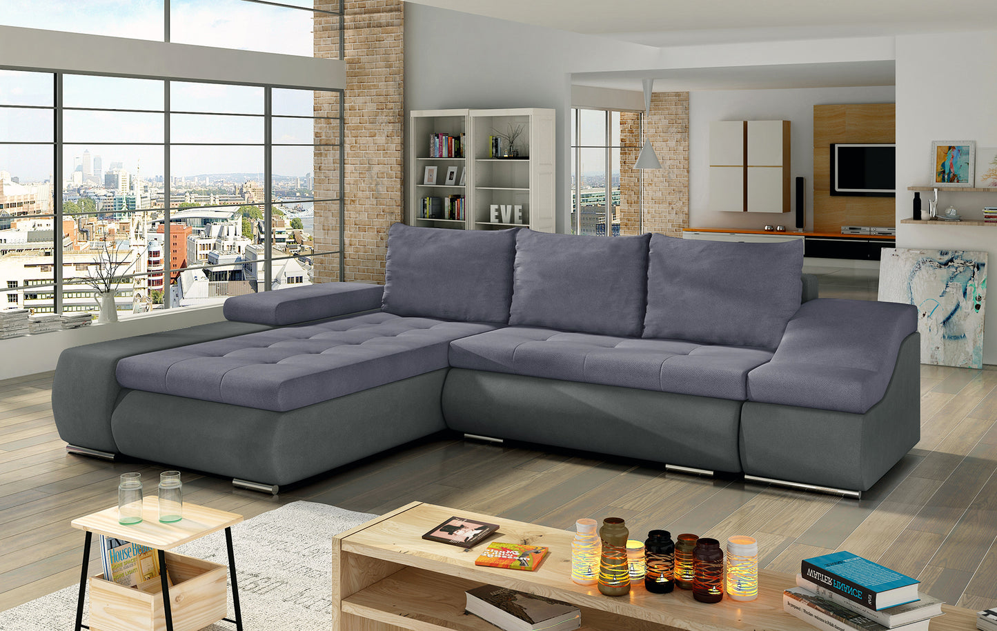Jasnofioletowo-szara sofa narożna Ontario wykonana z materiałów Soro 65 i Soro 93 wyróżnia się delikatną kolorystyką i komfortowymi siedziskami, tworząc przytulną przestrzeń do relaksu w domowym wnętrzu