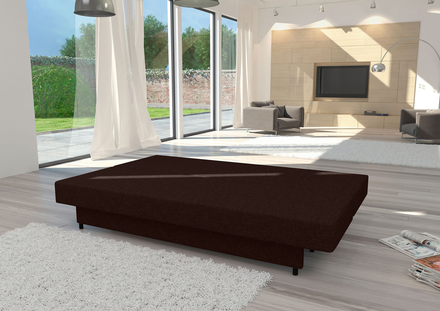 Rozłożona kanapa Amaza w kolorze Sawana 16 brązowy w jasnym przestronnym salonie.