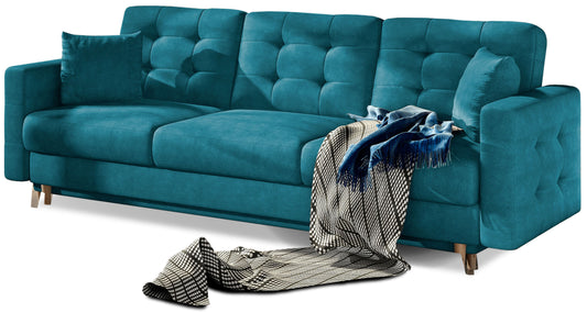 Kanapa Asgard w kolorze Kronos 13 turkusowy – elegancka sofa trzyosobowa z pikowanym oparciem, miękkimi poduszkami i drewnianymi nogami.