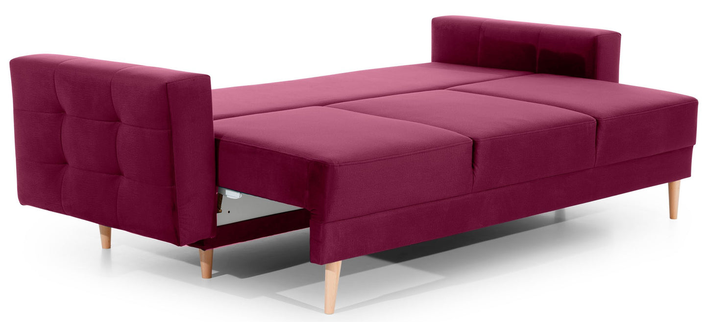 Kanapa Asgard MatVelvet 68 bordowy w funkcji spania – rozłożona sofa z wygodną powierzchnią do odpoczynku.