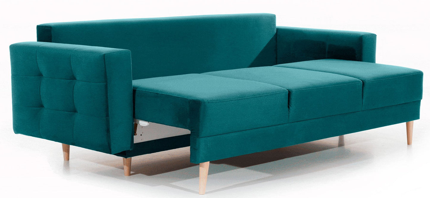 Kanapa Asgard w kolorze MatVelvet 75 zielony częściowo rozłożona – prezentacja mechanizmu spania i eleganckiego designu.