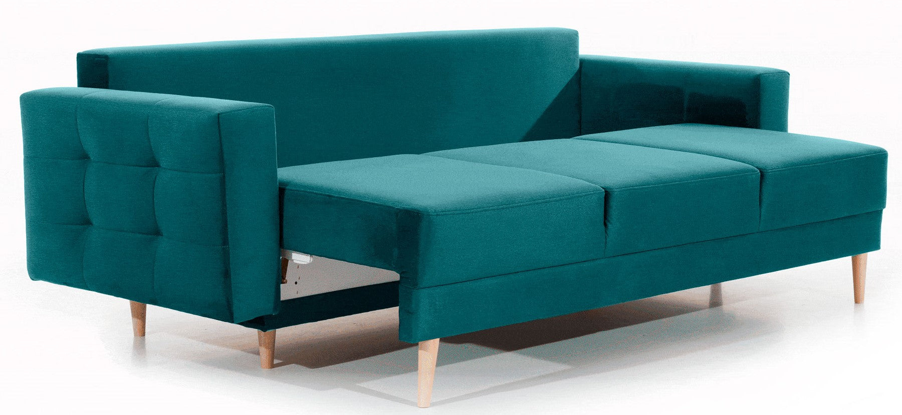 Kanapa Asgard w kolorze MatVelvet 75 zielony częściowo rozłożona – prezentacja mechanizmu spania i eleganckiego designu.