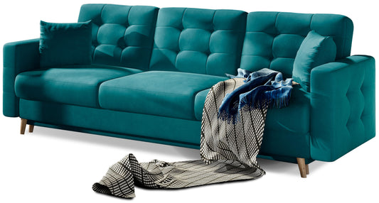 Kanapa Asgard w kolorze MatVelvet 75 zielony – elegancka sofa trzyosobowa z pikowanym oparciem, miękkimi poduszkami i drewnianymi nogami.