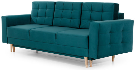Kanapa Asgard w kolorze Monolith 37 zielony – elegancka sofa trzyosobowa z pikowanym oparciem, miękkimi poduszkami i drewnianymi nogami.