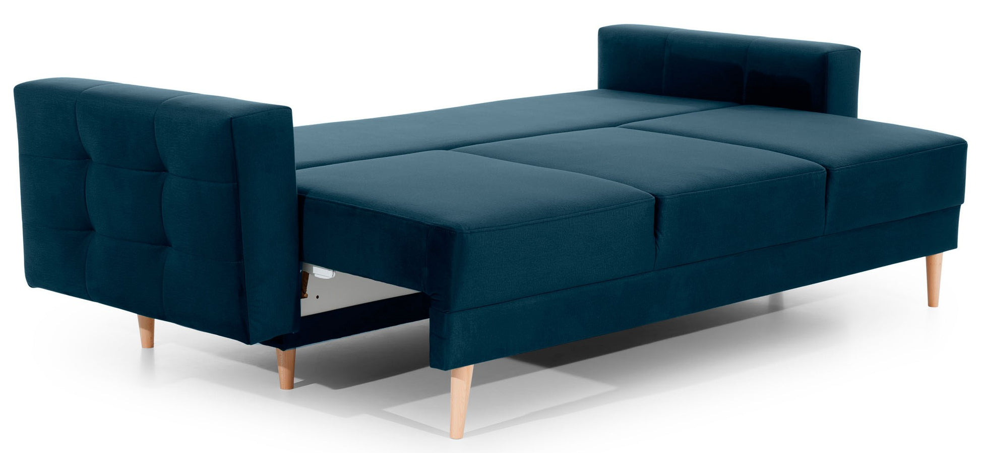 Kanapa Asgard Monolith 77 niebieski rozłożona do funkcji spania – wygodna sofa z powierzchnią do odpoczynku i ozdobnymi poduszkami Botanical 80.