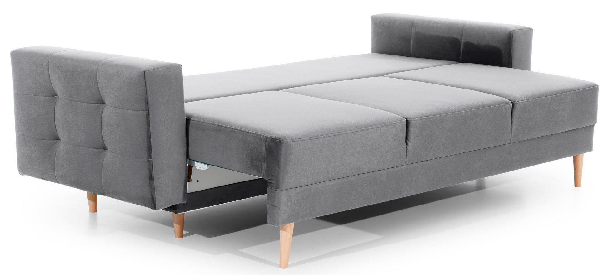 Kanapa Asgard Monolith 84 jasnoszary rozłożona do funkcji spania – wygodna sofa z dużą powierzchnią do odpoczynku i kontrastowymi poduszkami.