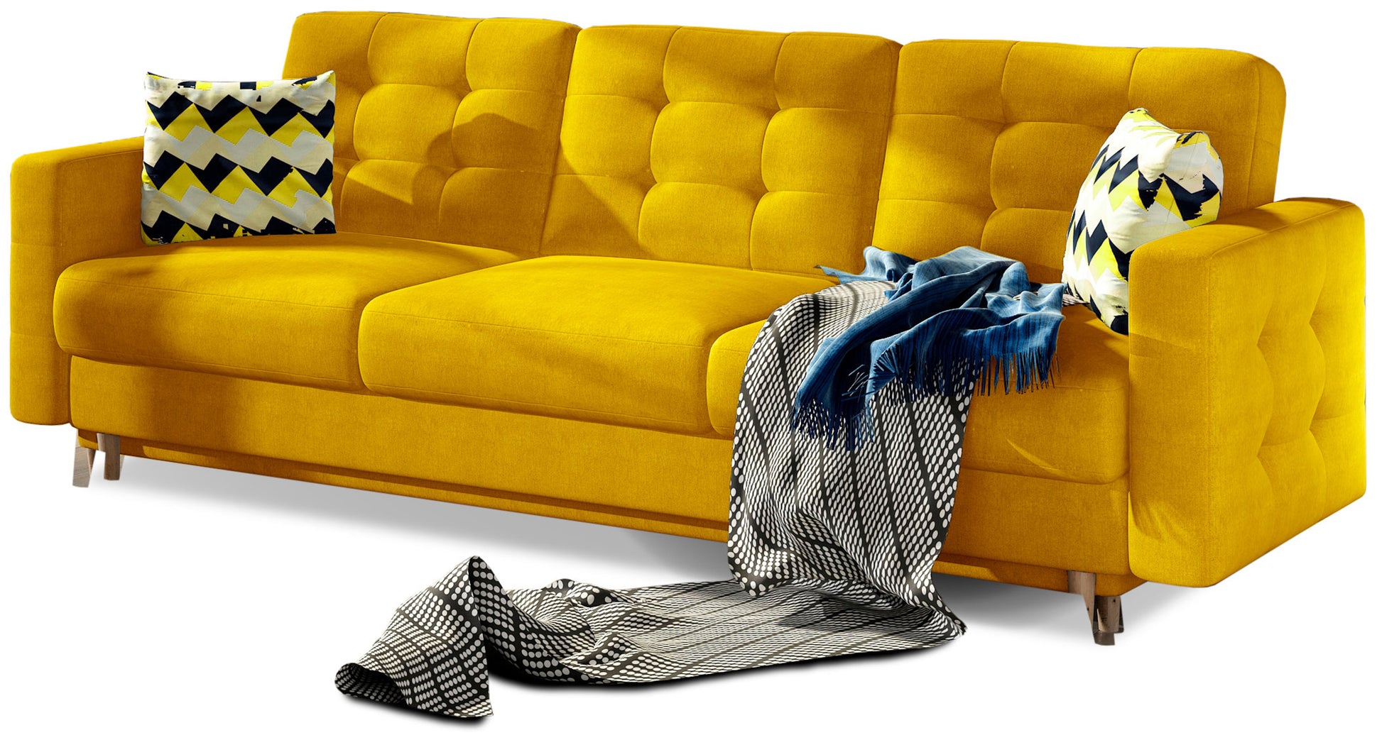 Kanapa Asgard w kolorze Omega 68 żółty z poduszkami w tkaninie Zigzag 53 wielokolorowej – elegancka sofa trzyosobowa z pikowanym oparciem i drewnianymi nogami.