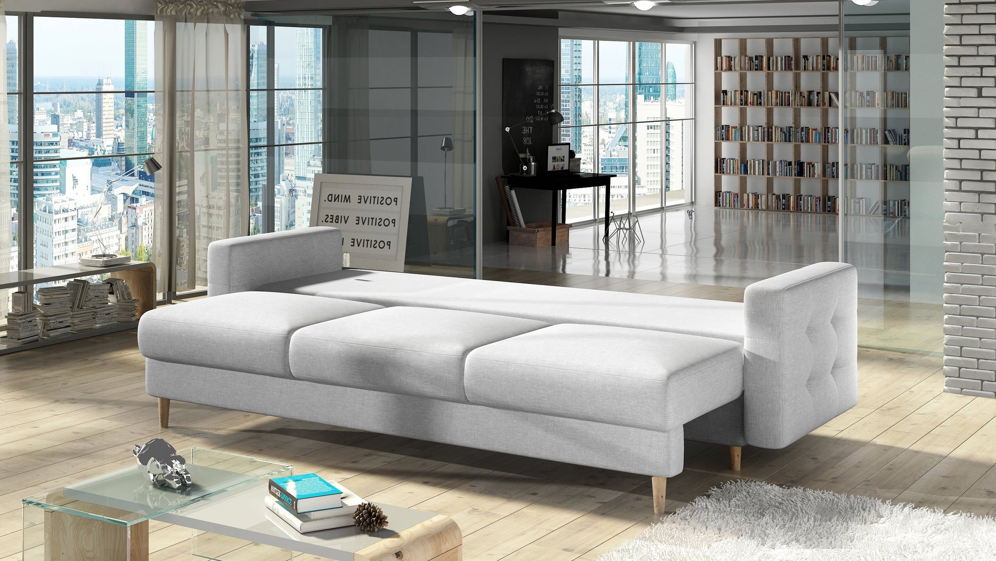 Kanapa Asgard Solid 09 beżowy rozłożona do funkcji spania – wygodna sofa z dużą powierzchnią do odpoczynku w nowoczesnym wnętrzu.
