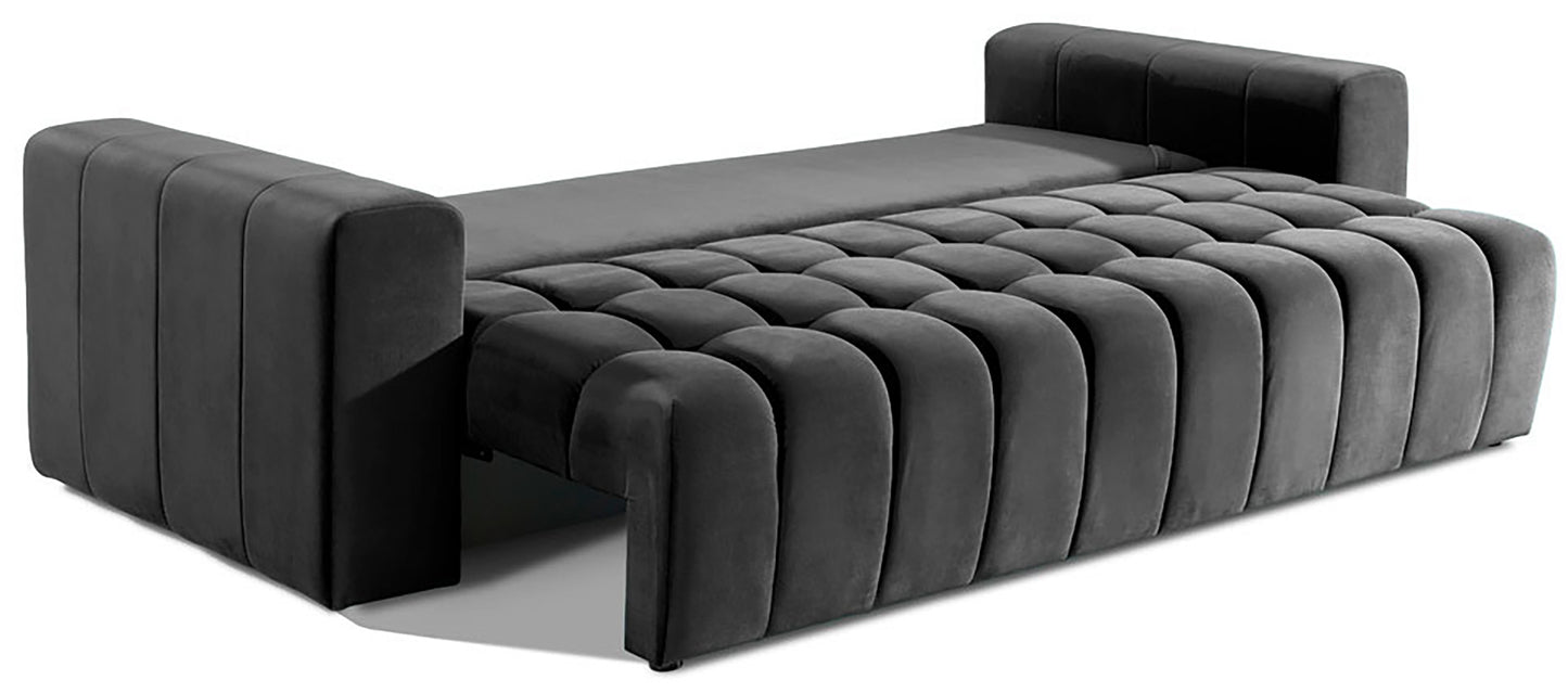 Sofa Lazaro Monolith 97 ciemnoszary rozłożona na łóżko, pod kątem ukazującym mechanizm rozkładania i regulowany zagłówek, na białym tle.