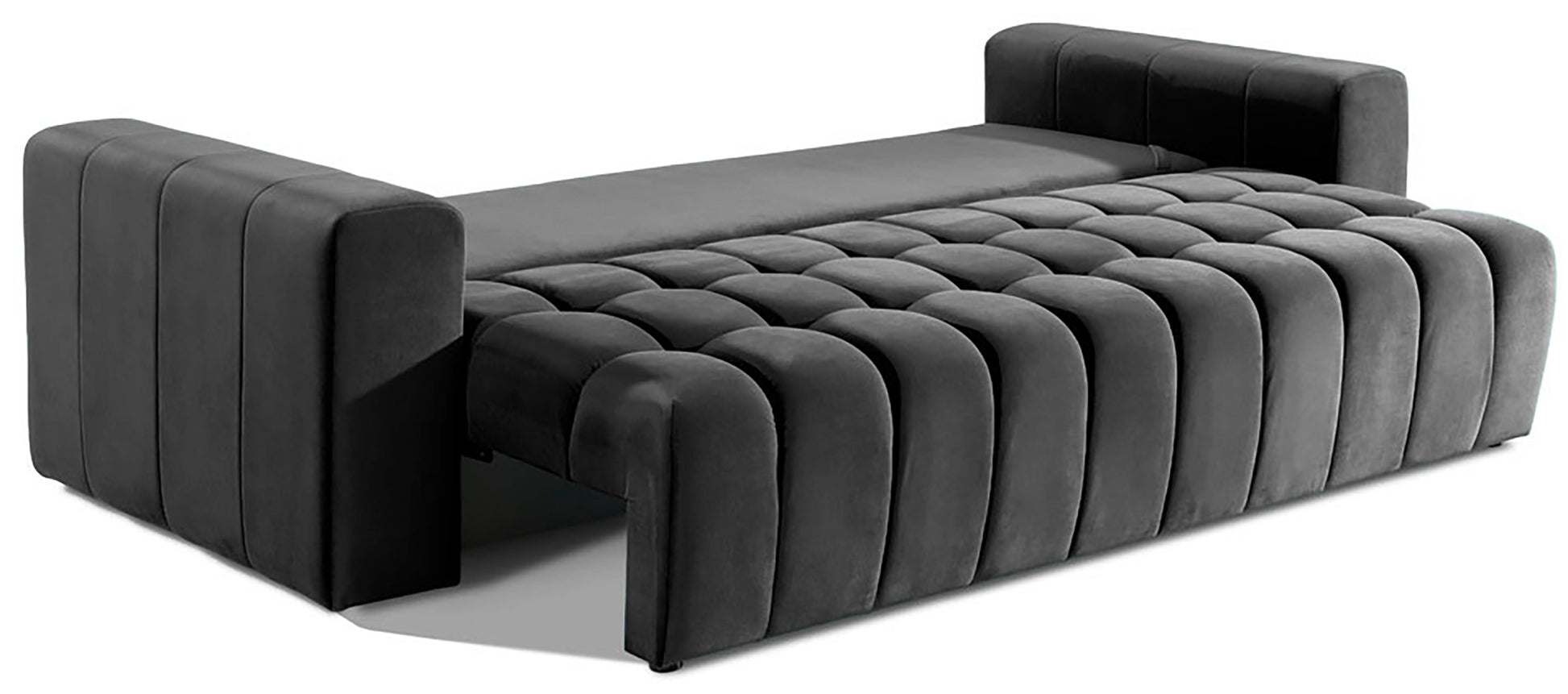 Sofa Lazaro Monolith 97 ciemnoszary rozłożona na łóżko, pod kątem ukazującym mechanizm rozkładania i regulowany zagłówek, na białym tle.