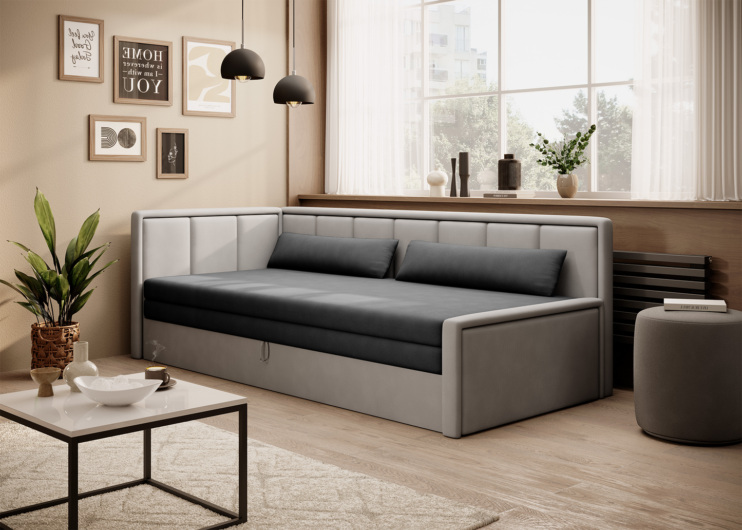 Nowoczesna sofa narożna w odcieniach szarości ustawiona w jasnym salonie.