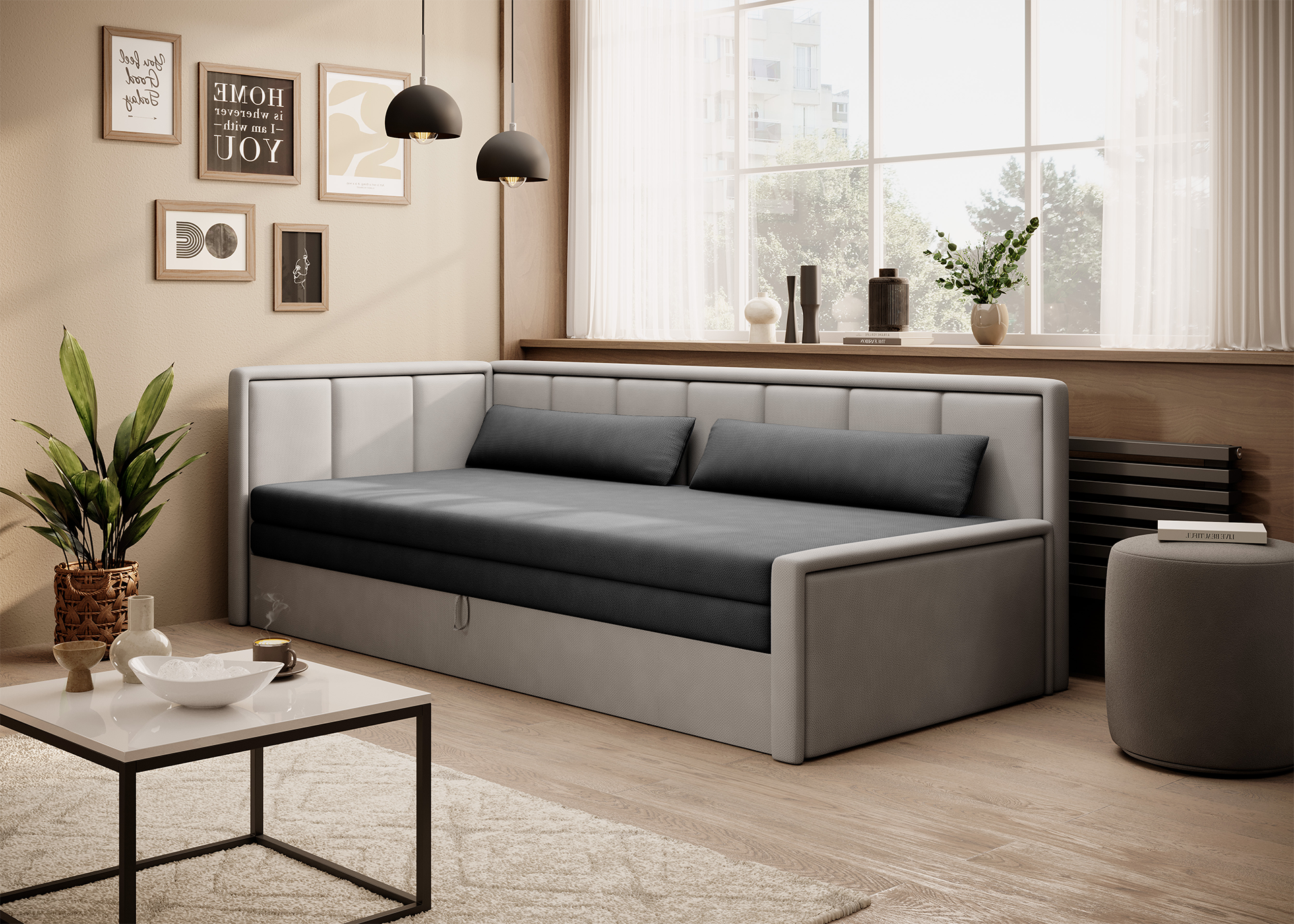 Nowoczesna sofa narożna w odcieniach szarości ustawiona w jasnym salonie.