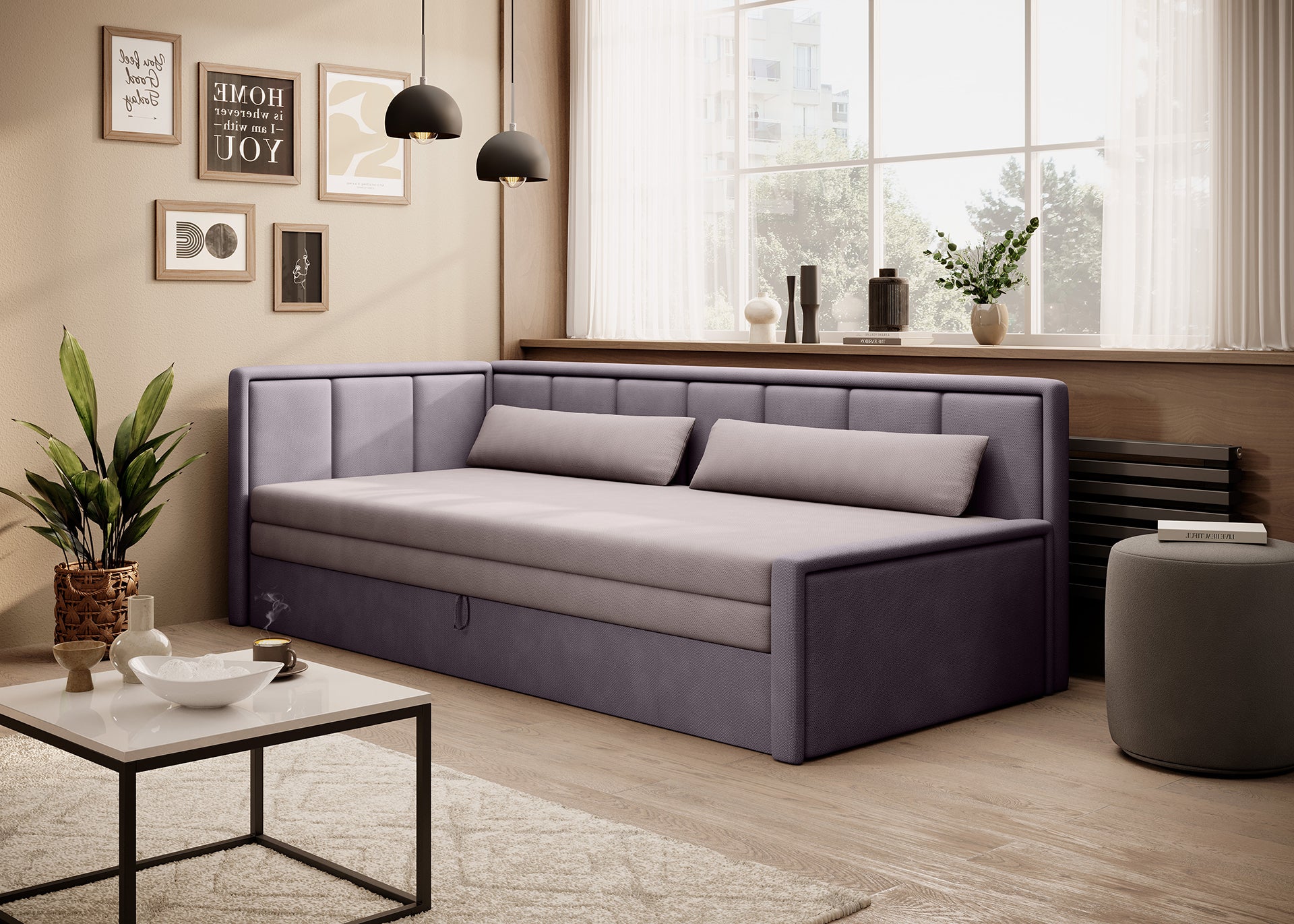 Stylowa sofa tapicerowana w kolorze fioletowej szarości ustawiona w nowoczesnym, jasnym salonie.