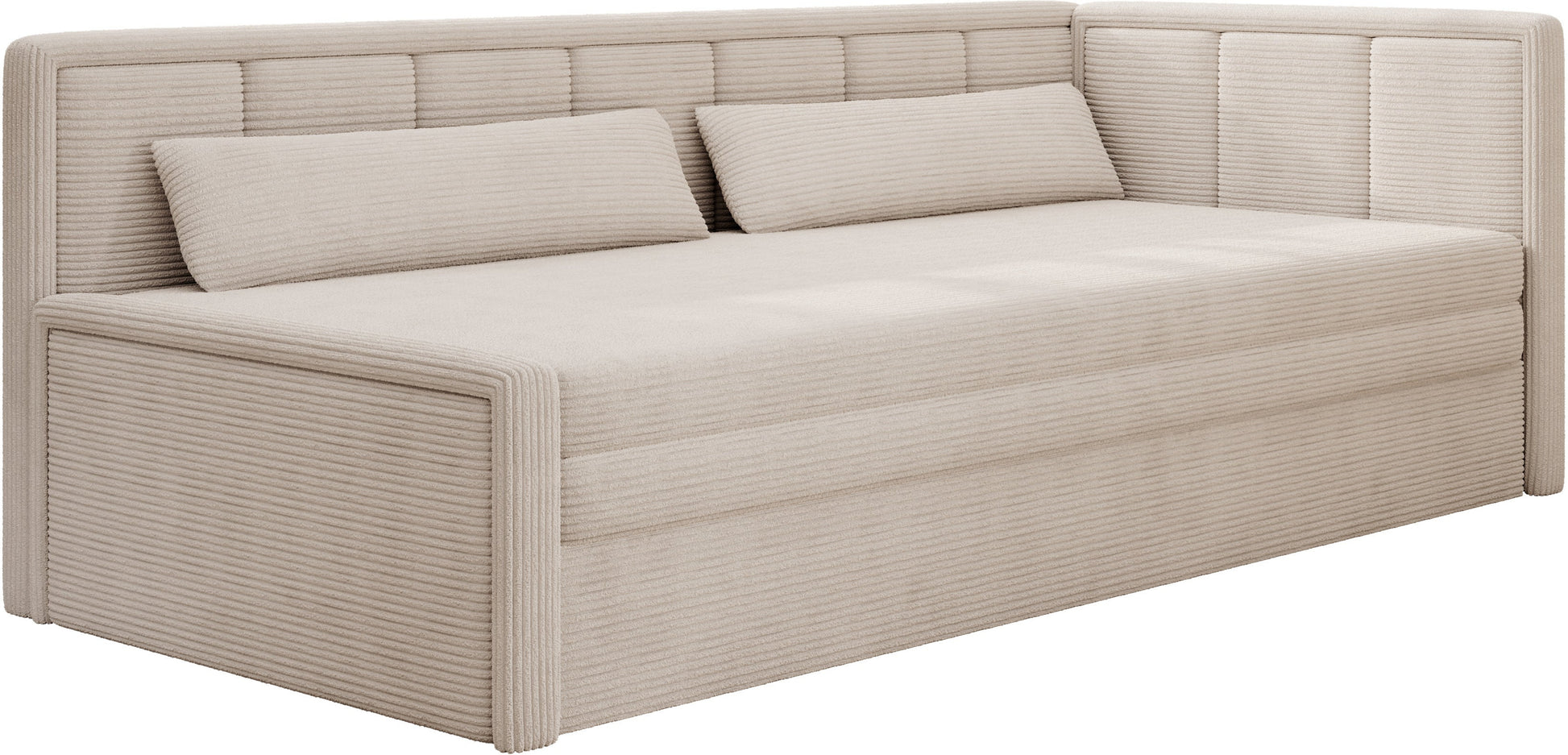 Kremowa sofa narożna z funkcją spania i oparciem tapicerowanym sztruksem – mebel do salonu.