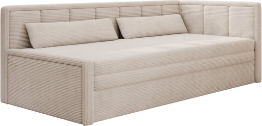 Kremowa sofa narożna z funkcją spania i oparciem tapicerowanym sztruksem – mebel do salonu.