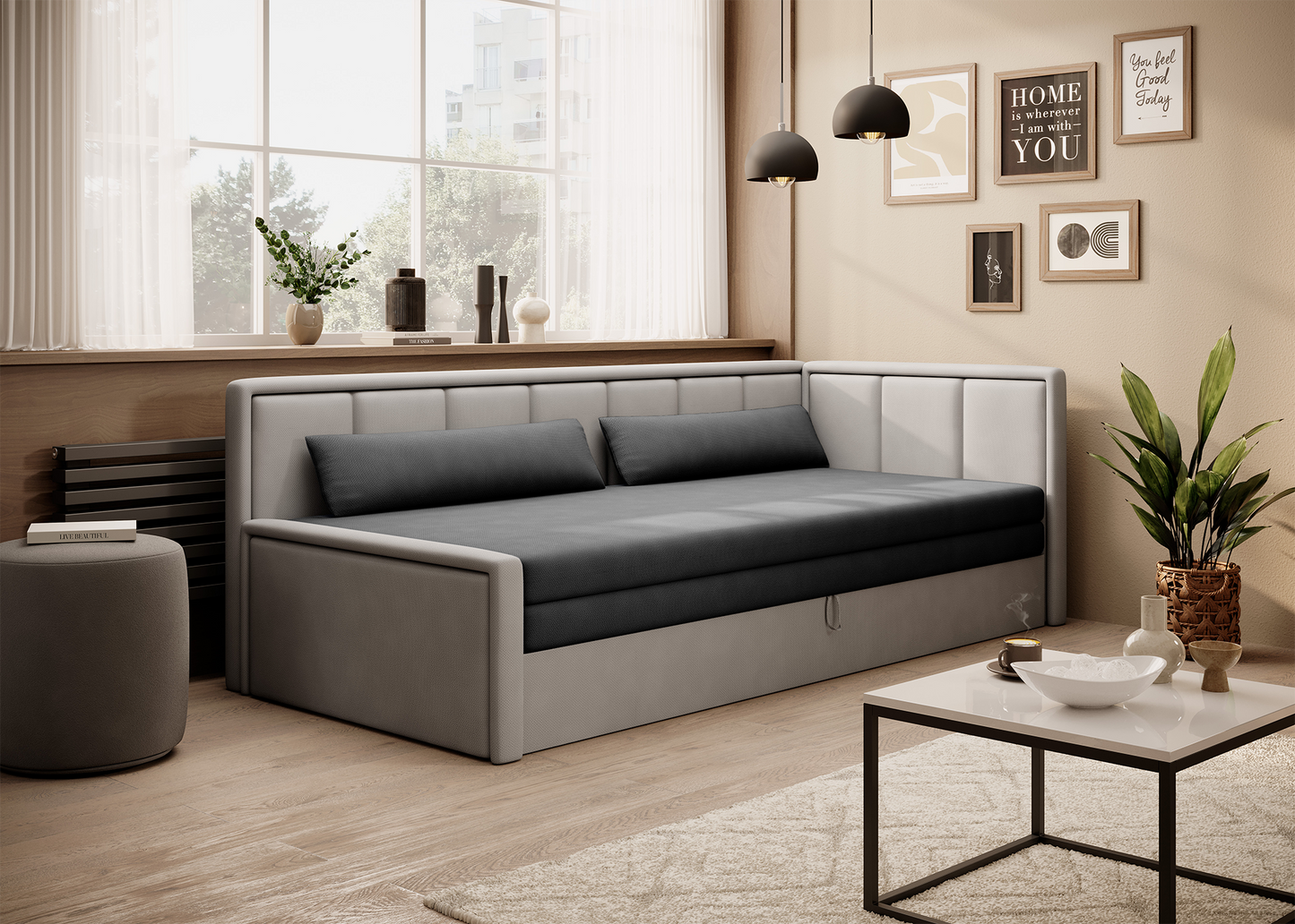 Stylowa sofa w odcieniach szarości i czerni w nowoczesnym salonie z dużym oknem.