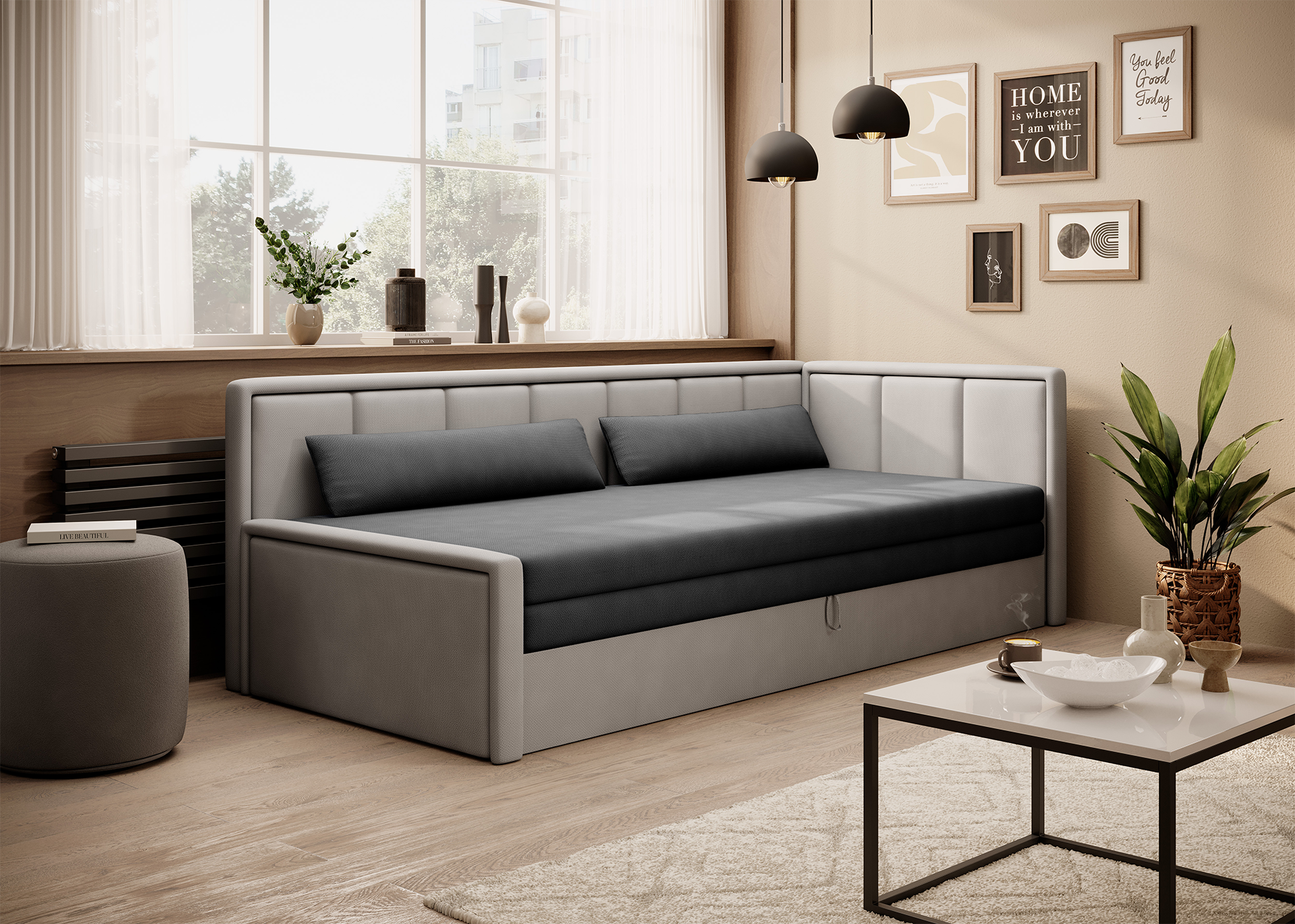 Stylowa sofa w odcieniach szarości i czerni w nowoczesnym salonie z dużym oknem.