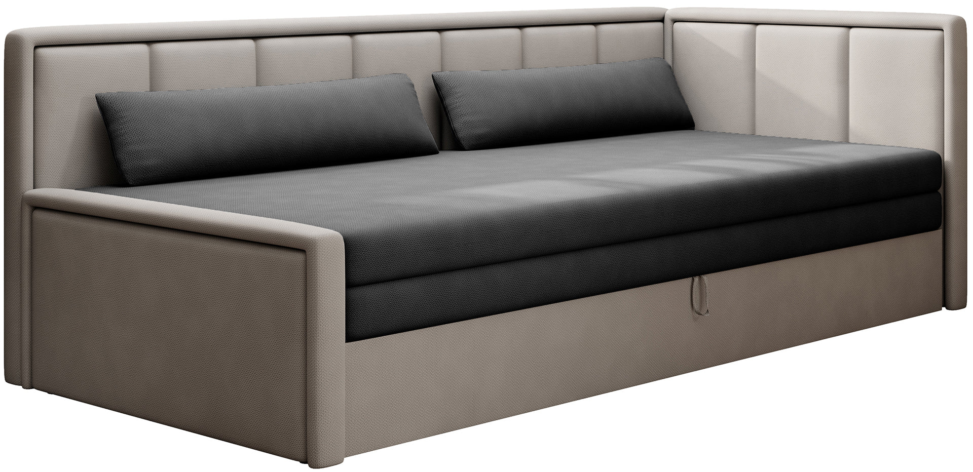 Tapicerowana sofa narożna w kolorze taupe z czarnym siedziskiem i funkcją spania – nowoczesny mebel.