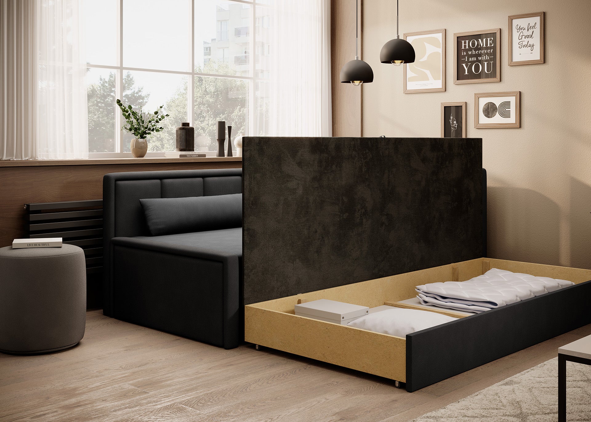 Sofa rozkładana z otwartym schowkiem w eleganckim wnętrzu dziennym z dużym oknem.