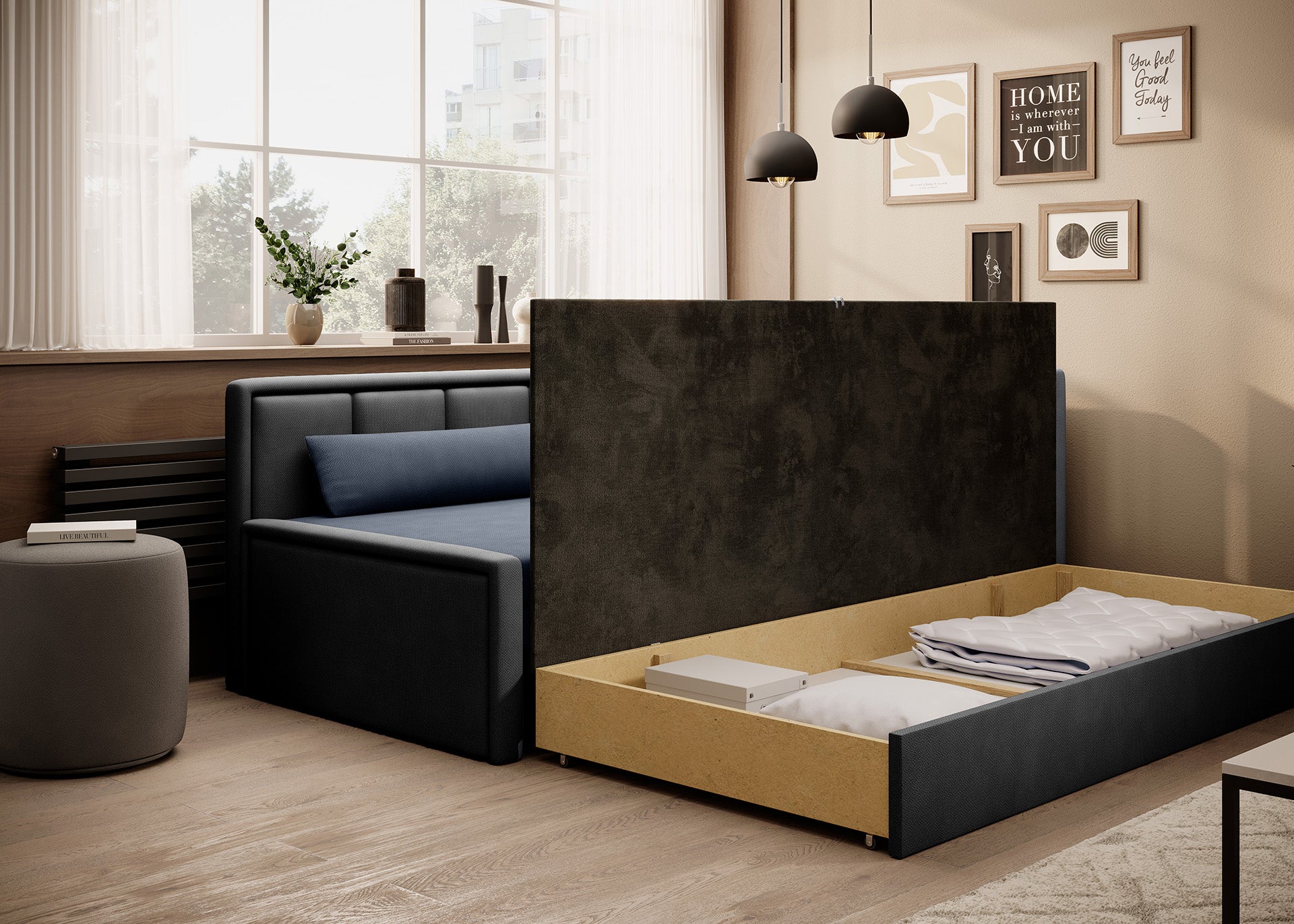 Sofa rozkładana z otwartym pojemnikiem i widocznym materacem – mebel gotowy do spania.