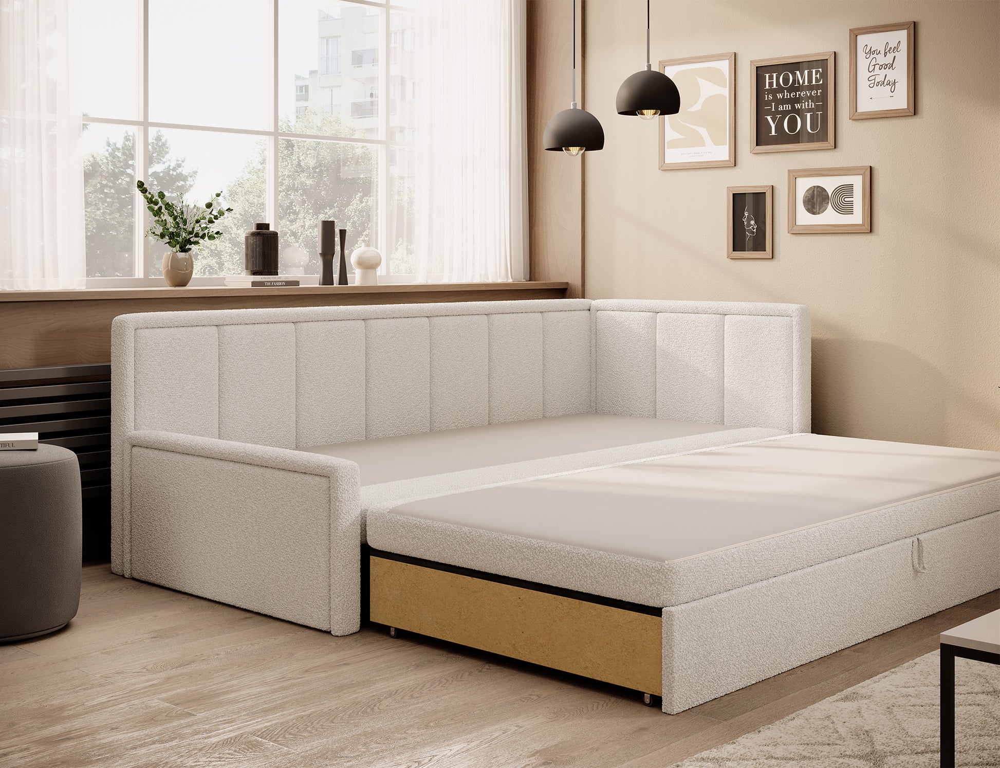Rozkładana sofa z wysuwaną dolną częścią – praktyczne rozwiązanie do codziennego wypoczynku.