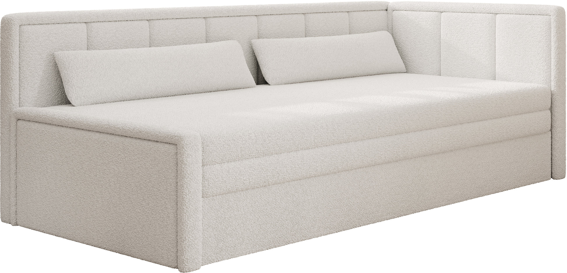 Jasnobeżowa sofa narożna z funkcją spania i wysokim oparciem – nowoczesny mebel tapicerowany.