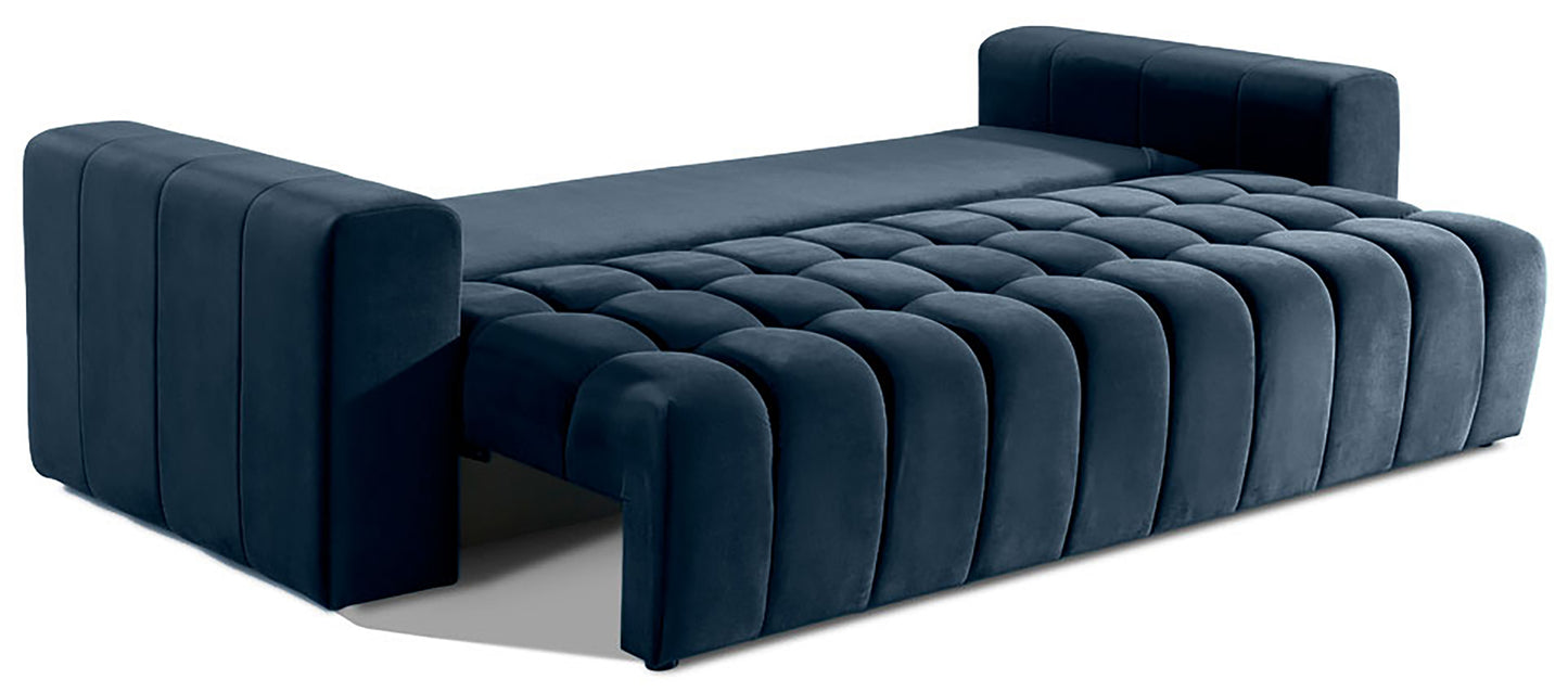 Sofa Lazaro Monolith 79 granatowa rozłożona na łóżko: mechanizm rozkładania odsłania płaską, pikowaną powierzchnię spania, zachowując masywne, prostokątne podłokietniki i jednolitą tapicerkę w eleganckim, aksamitnym granacie.