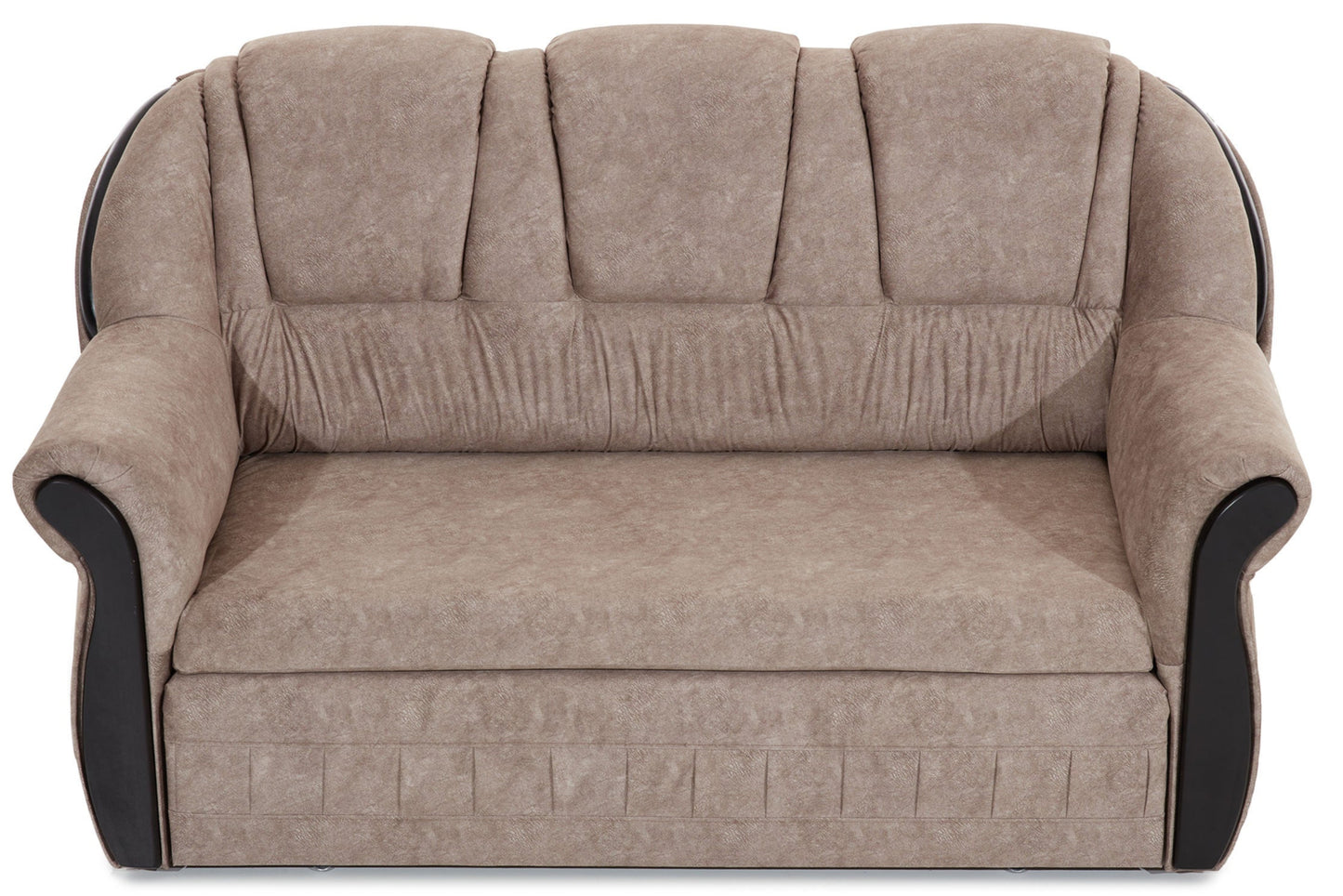 Sofa Lord w beżowym kolorze z wysokim oparciem i ozdobnymi przeszyciami, wykończona ciemnymi akcentami po bokach, ustawiona na białym tle.