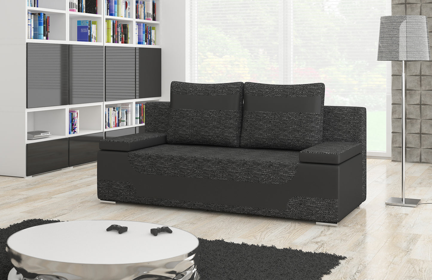 Kanapa rozkładana Area w czarnej tkaninie Berlin 02 z czarnymi wstawkami Soft 11, aranżacja salonu