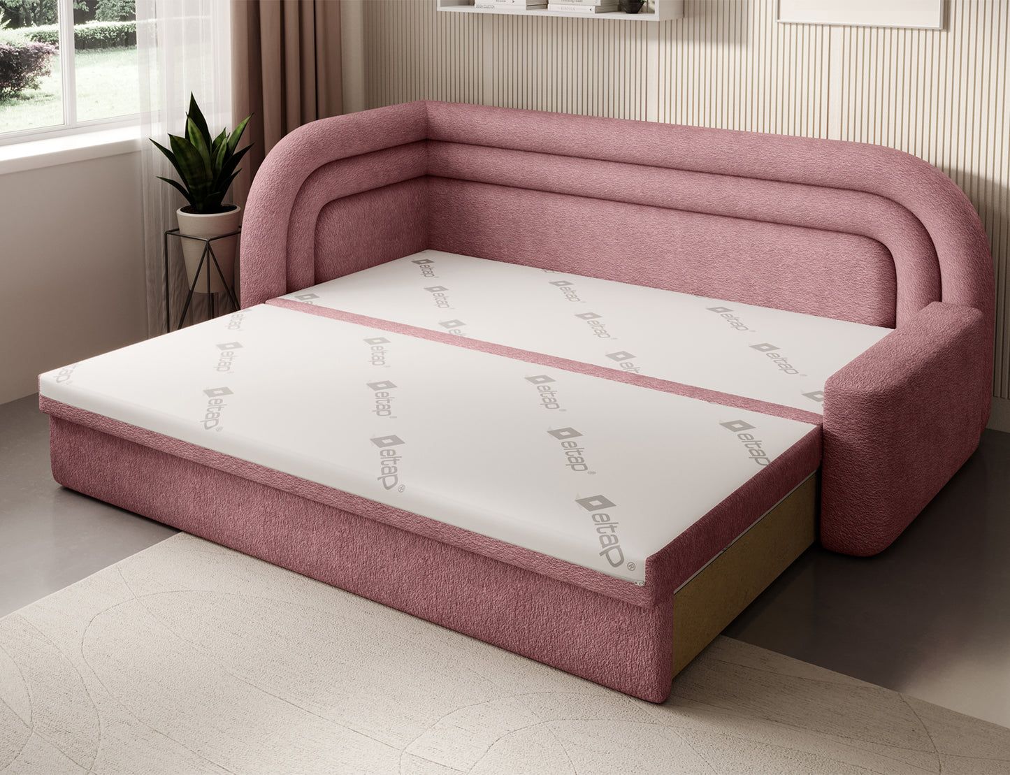 Lewostronna sofa Fabillo Touch 24 w kolorze różowym rozłożona na łóżko z białym materacem ELTAP, obok dużego okna i jasnego dywanu.