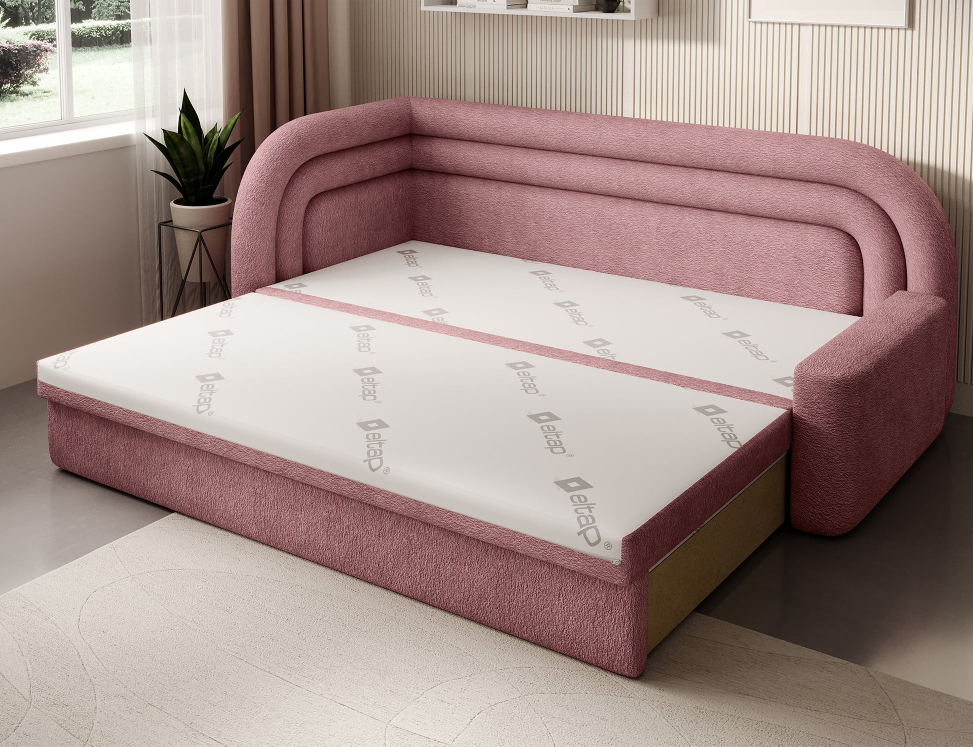 Lewostronna sofa Fabillo Touch 24 w kolorze różowym rozłożona na łóżko z białym materacem ELTAP, obok dużego okna i jasnego dywanu.