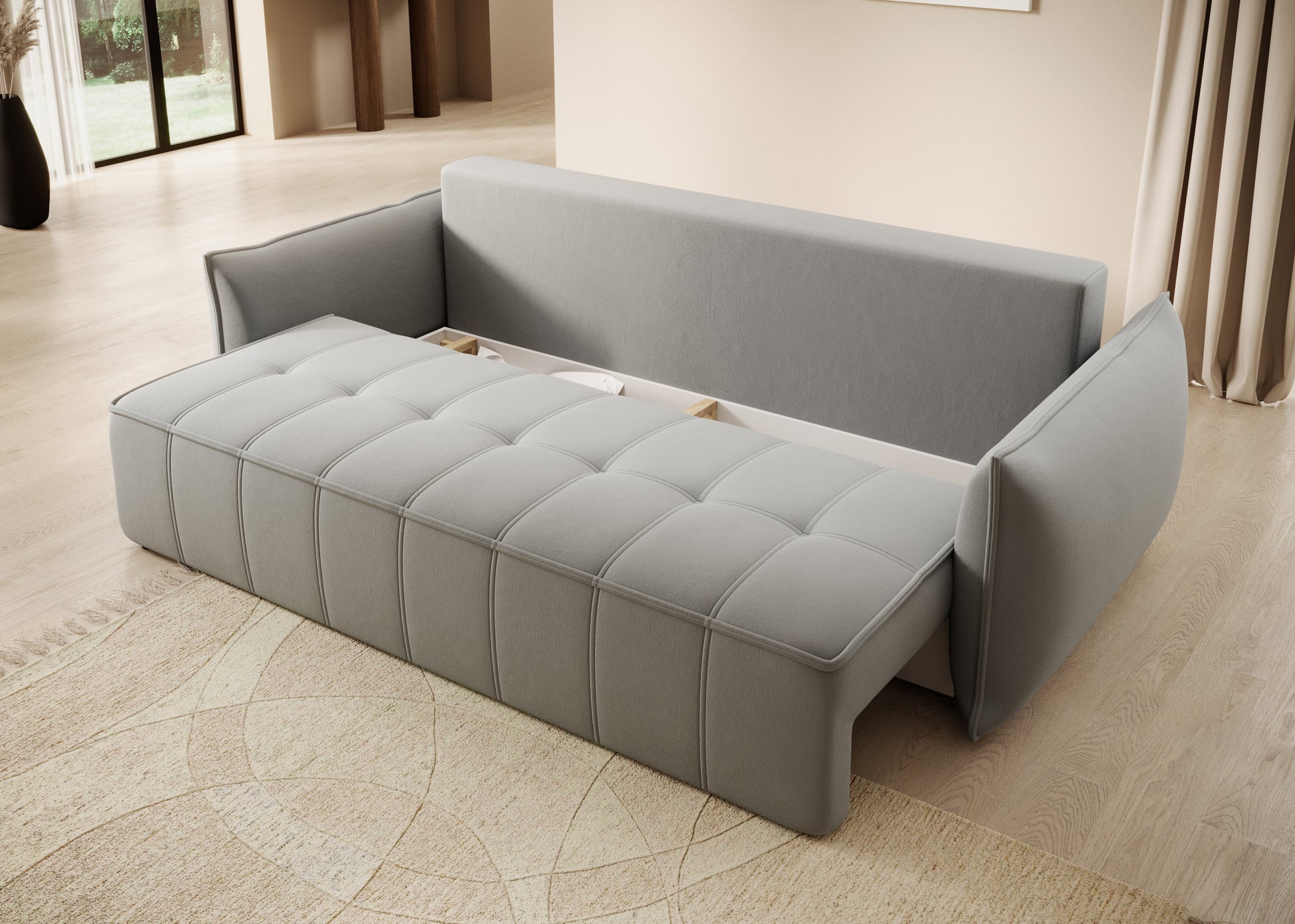 Sofa Weltton z otwartym pojemnikiem na pościel – praktyczne rozwiązanie do przechowywania w nowoczesnym salonie.